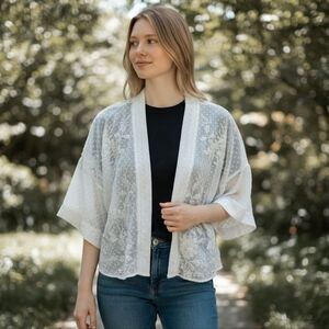 POL Boho Chic Sheer Floral Embroidered Kimono Small White Sheer Romantic Beach